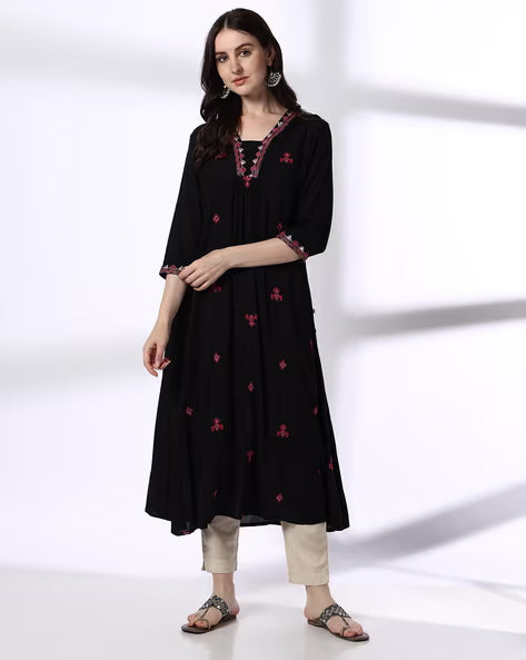 Women Embroidered V-Neck A-Line Kurta