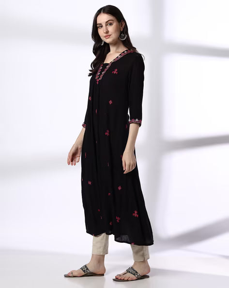 Women Embroidered V-Neck A-Line Kurta