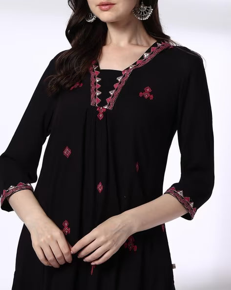 Women Embroidered V-Neck A-Line Kurta