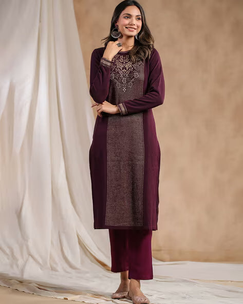 Floral Knitted Straight Winter Kurta