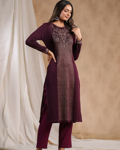 Floral Knitted Straight Winter Kurta