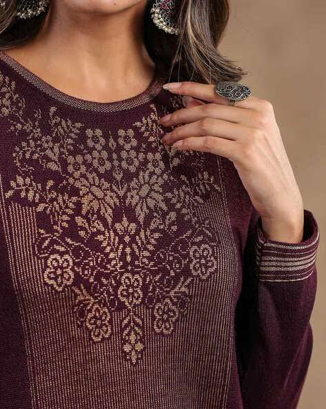Floral Knitted Straight Winter Kurta